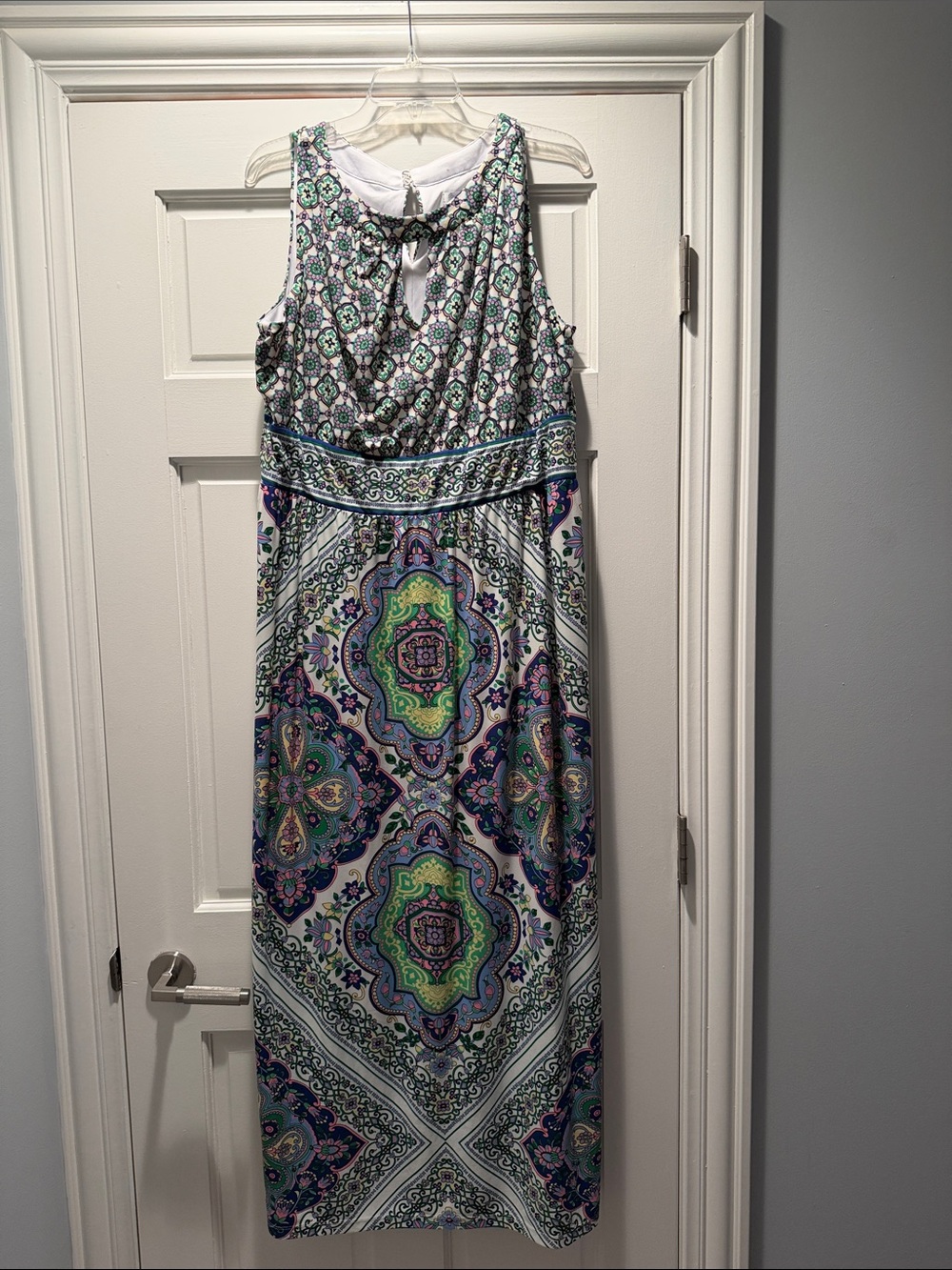 London Times Sleeveless Maxi Dress in Green, Blue & Purple Medallion Print